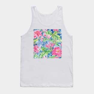 Pink, blue and green preppy flowers and leaves watercolor doodle Tank Top